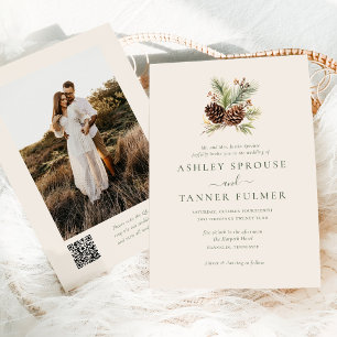 Elegant Winter Greenery Pine QR Code Photo Wedding Invitation