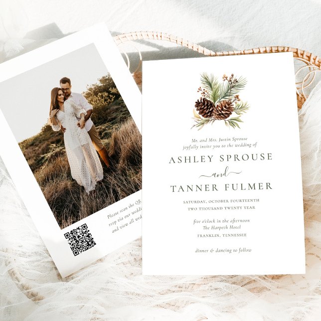 Elegant Winter Greenery Pine QR Code Photo Wedding Invitation (Creator Uploaded)