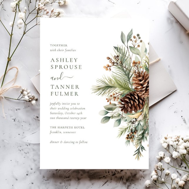 Elegant Winter Greenery Pine Wedding Invitation (Creator Uploaded)