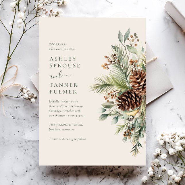 Elegant Winter Greenery Pine Wedding Invitation (Creator Uploaded)