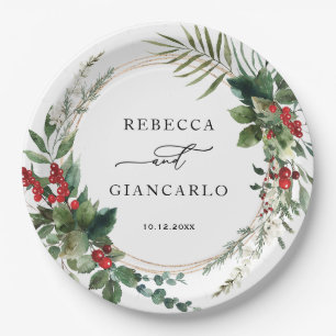 Elegant Winter Greenery Red Berries Holiday Paper Plate