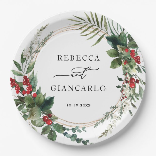 Elegant Winter Greenery Red Berries Holiday Paper Plate (Front)