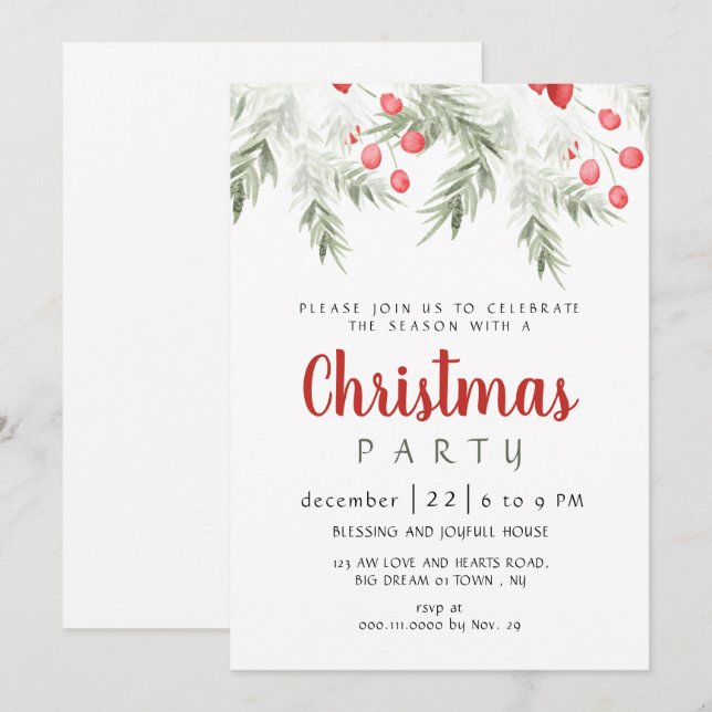 Elegant Winter Greenery Watercolor Christmas Party Invitation (Front/Back)