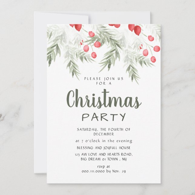 Elegant Winter Greenery Watercolor Christmas Party Invitation (Front)