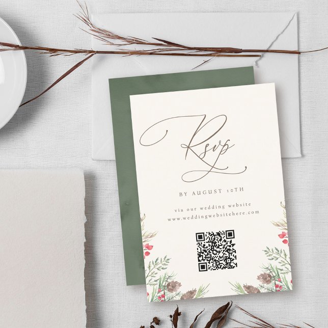 Elegant Winter Greenery Watercolor Wedding QR Code RSVP Card (Creator Uploaded)