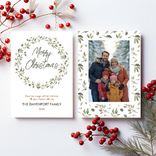 Elegant Winter Greenery Wreath Photograph Holiday Card