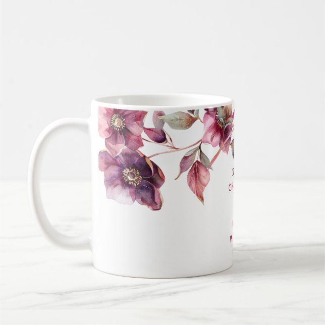 Elegant Winter Hellebore Floral Burgundy Wedding Coffee Mug (Left)