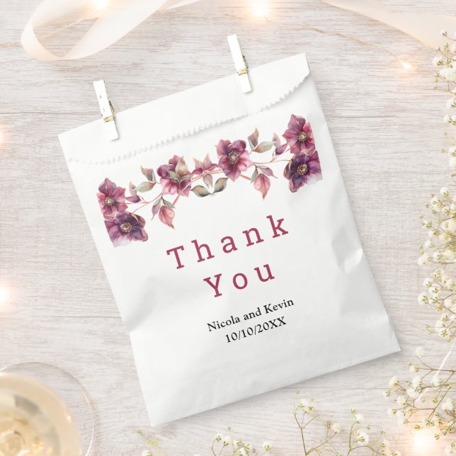 Elegant Winter Hellebore Floral Burgundy Wedding Favour Bag (Clipped)