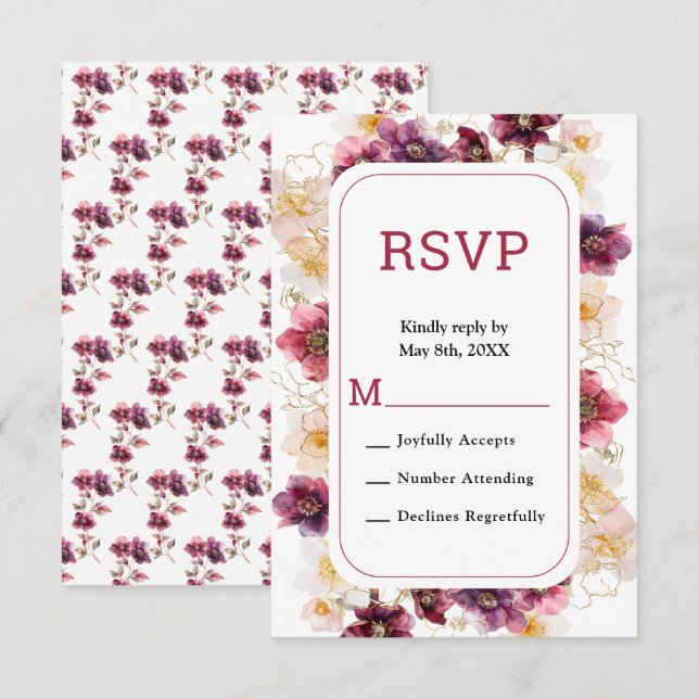 Elegant Winter Hellebore Floral Burgundy Wedding  RSVP Card (Front/Back)