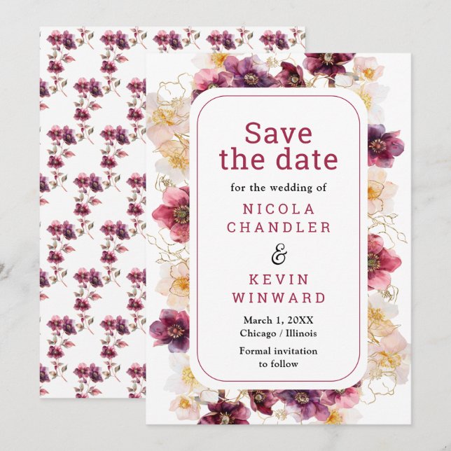 Elegant Winter Hellebore Floral Burgundy Wedding Save The Date (Front/Back)