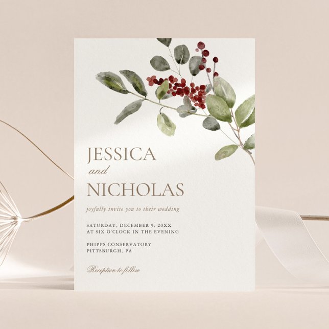 Elegant Winter Holly Branch Wedding Invitation (Creator Uploaded)