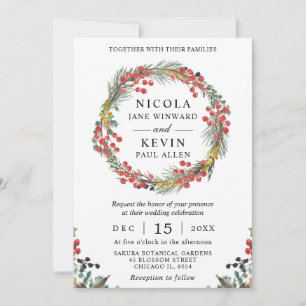 Elegant Winter Holly Foliage Wreath Wedding Invitation
