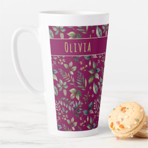 Elegant Winter Leaves & Berries Burgundy Custom Latte Mug