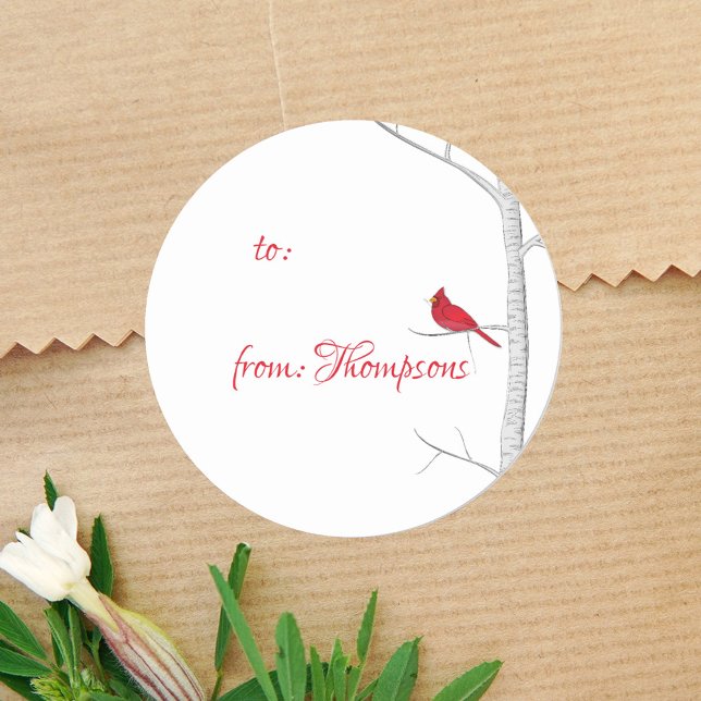 Elegant Winter Minimalist Red Cardinal To From Classic Round Sticker (Simple watercolor red cardinal circle sticker with "to" and "from" wording.)