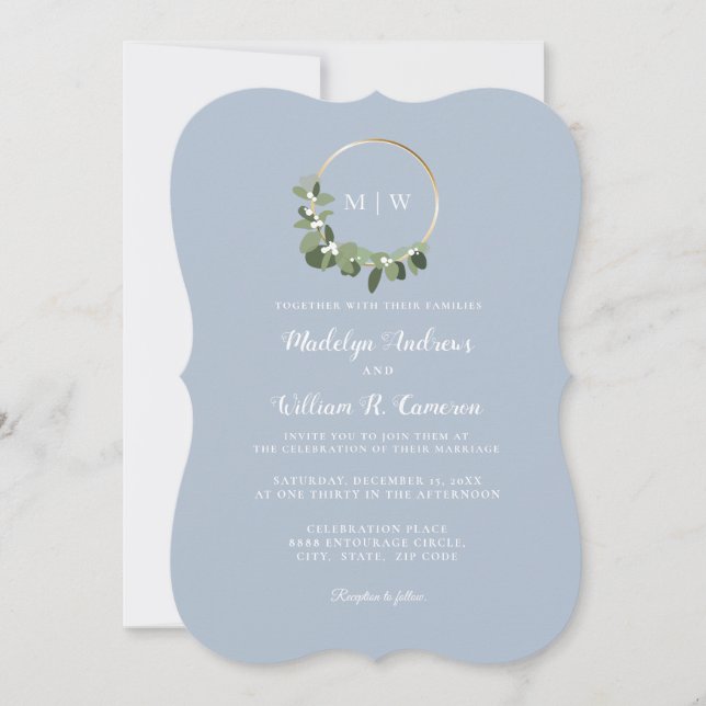 Elegant Winter Monogram Blue Scalloped Wedding  Invitation (Front)