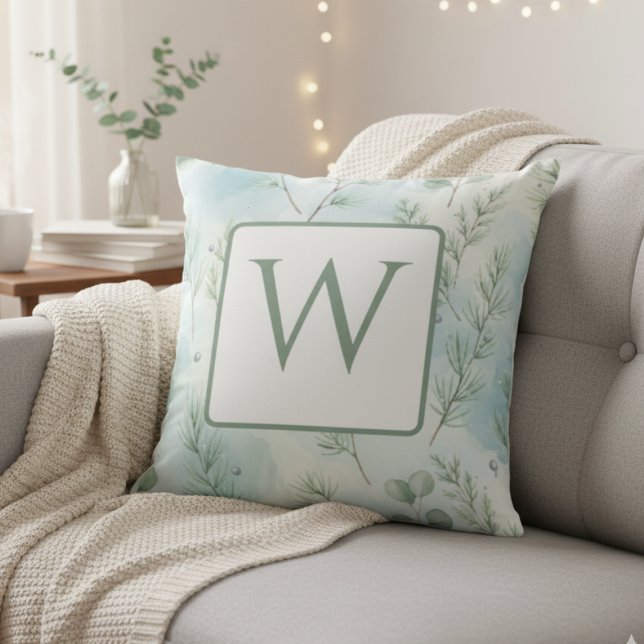 Elegant Winter Monogram  Cushion (Blue winter monogram pillow)
