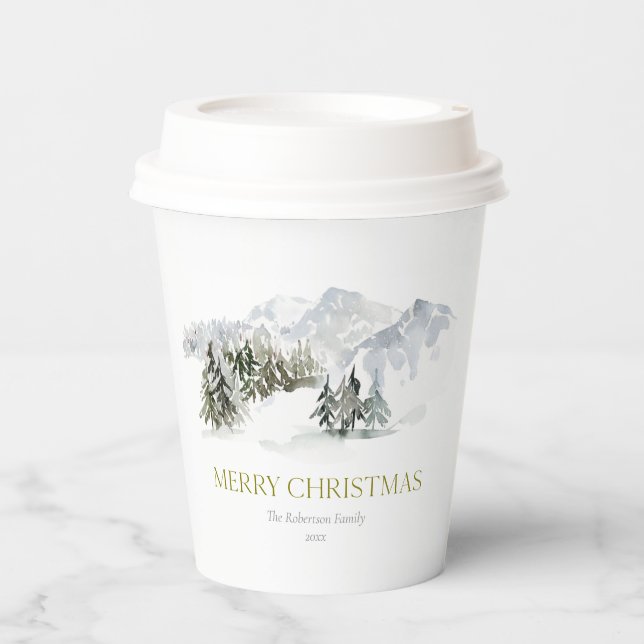 Elegant Winter Mountain Christmas Paper Cups (Front)