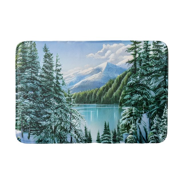 Elegant Winter Mountain Lake Pine Trees Nature Bath Mat (Front)