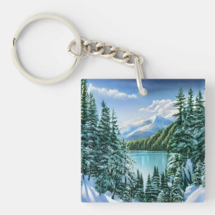 Elegant Winter Mountain Lake Pine Trees Nature  Key Ring