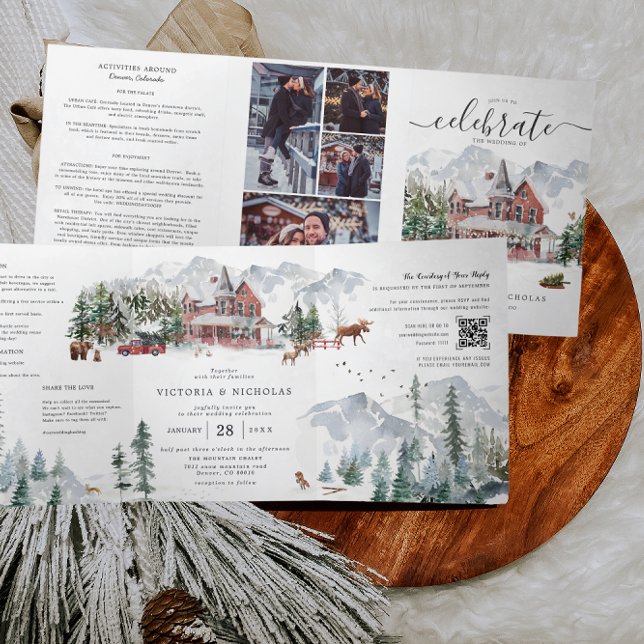 Elegant Winter Mountain Ski Chalet Wedding Tri-Fold Invitation (Creator Uploaded)