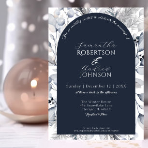 Elegant Winter Navy Blue Botanical Arch Wedding Invitation