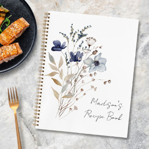 Elegant Winter Navy Blue Flower Floral Recipe Book