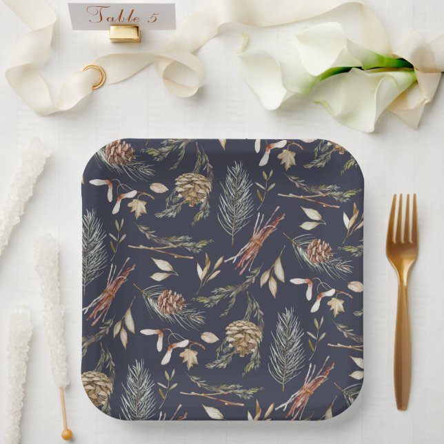 Elegant Winter Paper Plates with Pinecones (Wedding)