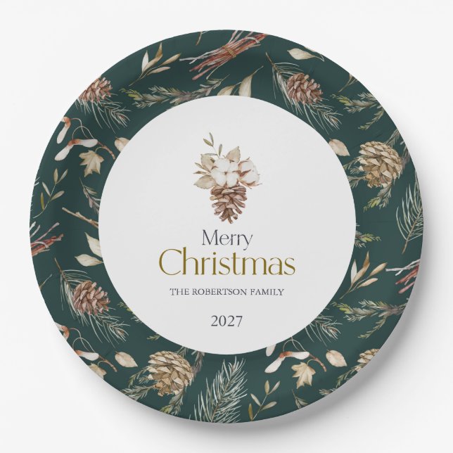 Elegant Winter Paper Plates with Pinecones (Front)