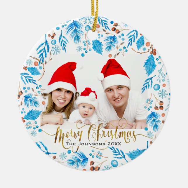 Elegant Winter Pattern Custom Photo Christmas Ceramic Ornament (Front)