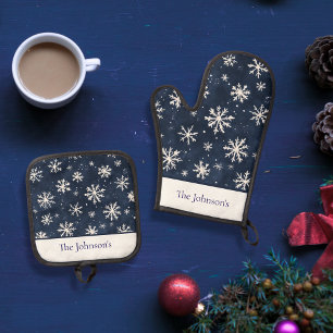 Elegant Winter Personalised Navy Snowflake Oven Mitt & Pot Holder Set
