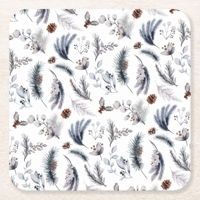 Elegant Winter Pine Botanicals Holiday Square Paper Coaster (Front)