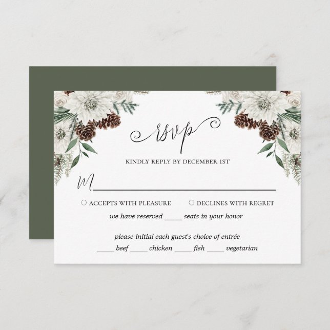Elegant Winter Pine Cone Wedding RSVP Card (Front/Back)