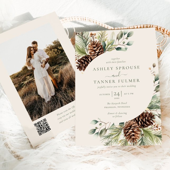 Elegant Winter Pine Greenery QR Code Photo Wedding Invitation (Creator Uploaded)