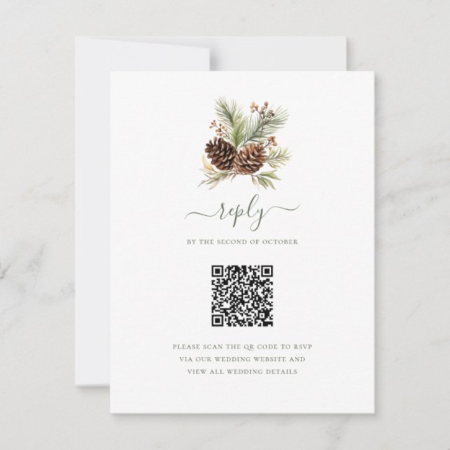 Elegant Winter Pine Greenery QR Code Wedding RSVP Card (Front)
