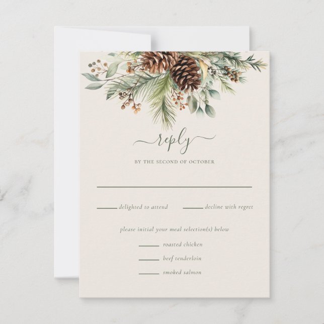 Elegant Winter Pine Greenery RSVP Card (Front)