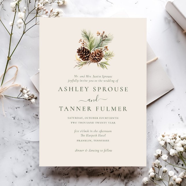 Elegant Winter Pine Greenery Wedding Invitation (Creator Uploaded)