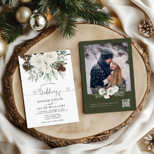Elegant Winter Pine QR Code RSVP Wedding Invitation