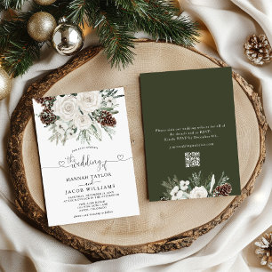Elegant Winter Pine QR Code RSVP Wedding Invitation