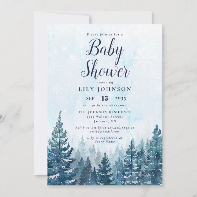 Elegant Winter Pine Tree Forest Baby Shower Invitation (Front)