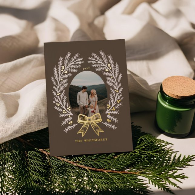 Elegant Winter Pine Tree Wreath Bow Photo Frame Foil Holiday Card (Elegant Winter Pine Tree Wreath Bow Photo Frame Foil Holiday Card)
