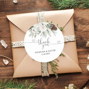 Elegant Winter Pine Wedding Thank You Favour Classic Round Sticker