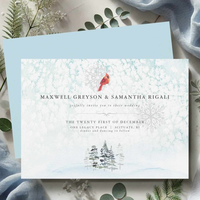 Elegant Winter Pines Watercolor Wedding Invitation (Blue wedding invitations watercolor winter scene with red cardinal.)