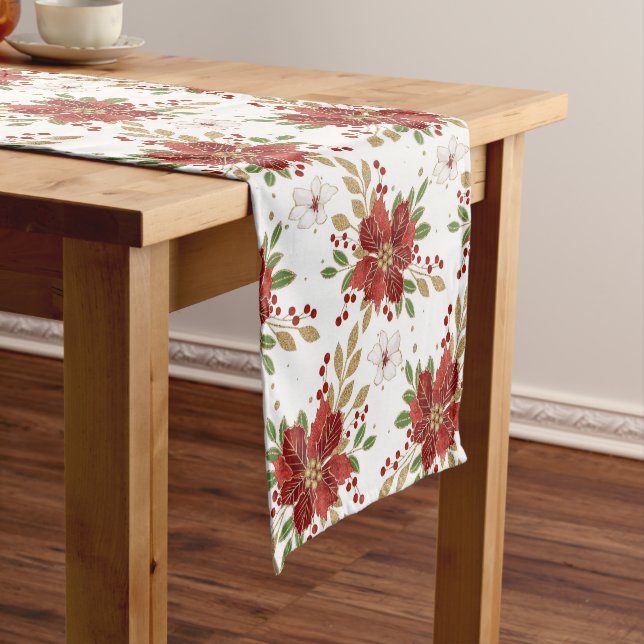 Elegant Winter Poinsettia Floral Pattern Short Table Runner (In Situ)