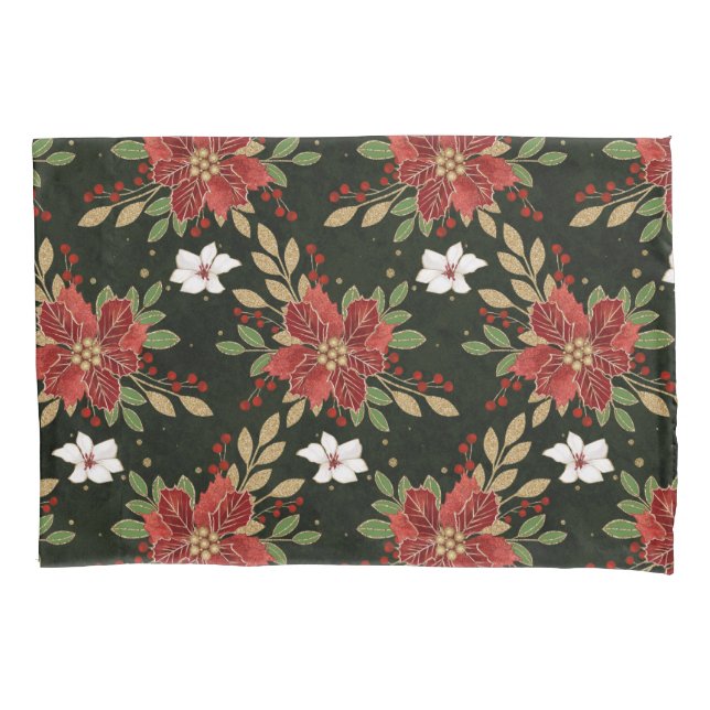 Elegant Winter Poinsettia on Dark Background Pillowcase (Front)