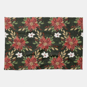 Elegant Winter Poinsettia on Dark Background Tea Towel