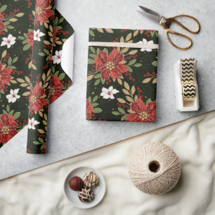 Elegant Winter Poinsettia on Dark Background Wrapping Paper
