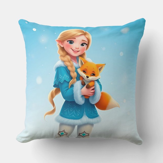 Elegant Winter Princess Holding a Cute Fox  Cushion (Front)