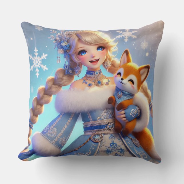 Elegant Winter Princess Holding a Cute Fox Cushion (Front)