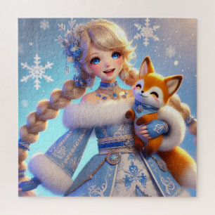 Elegant Winter Princess Holding a Cute Fox Jigsaw Puzzle