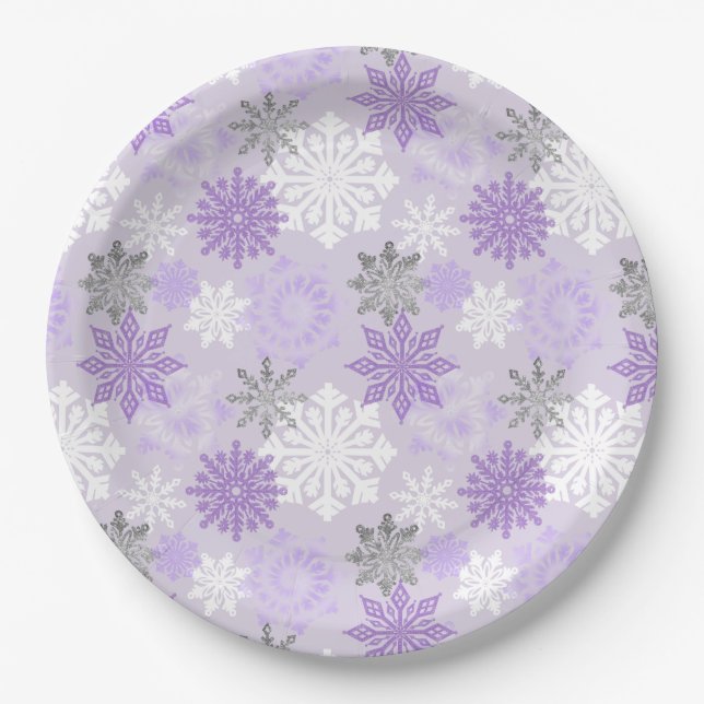Elegant Winter Purple Silver Glitter Snowflakes Paper Plate (Front)